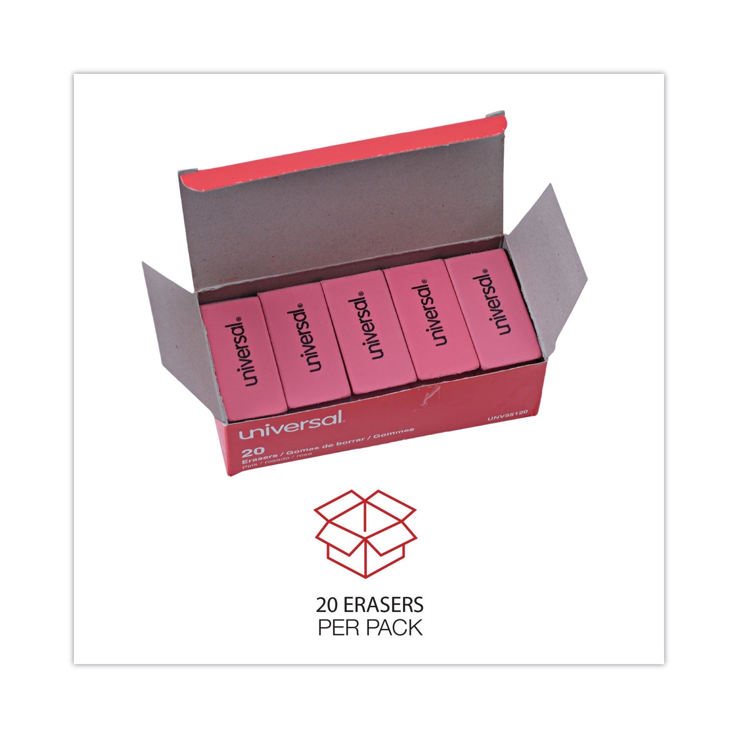 Universal Bevel Block Erasers, For Pencil Marks, Slanted-Edge Rectangular Block, Large, Pink, 20/Pack