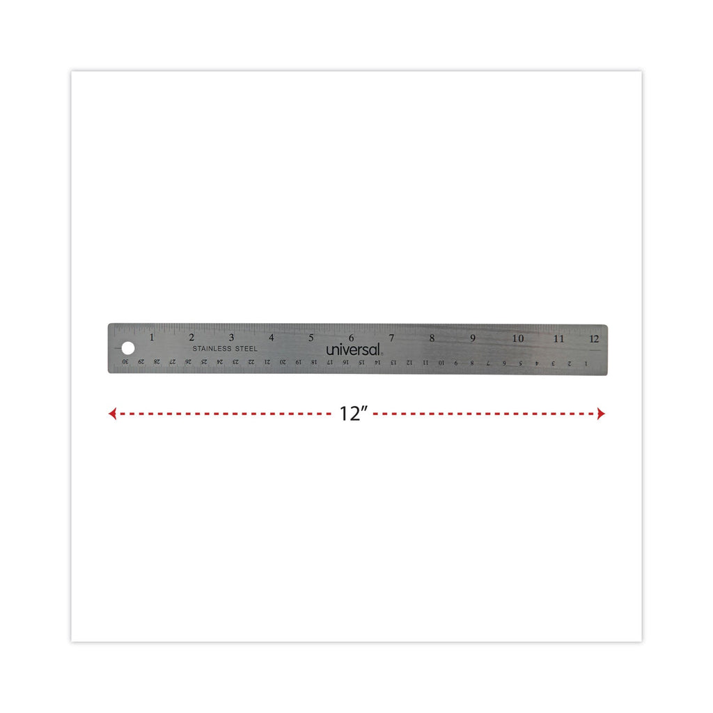 Universal Stainless Steel Ruler with Cork Back and Hanging Hole, Standard/Metric, 12" Long