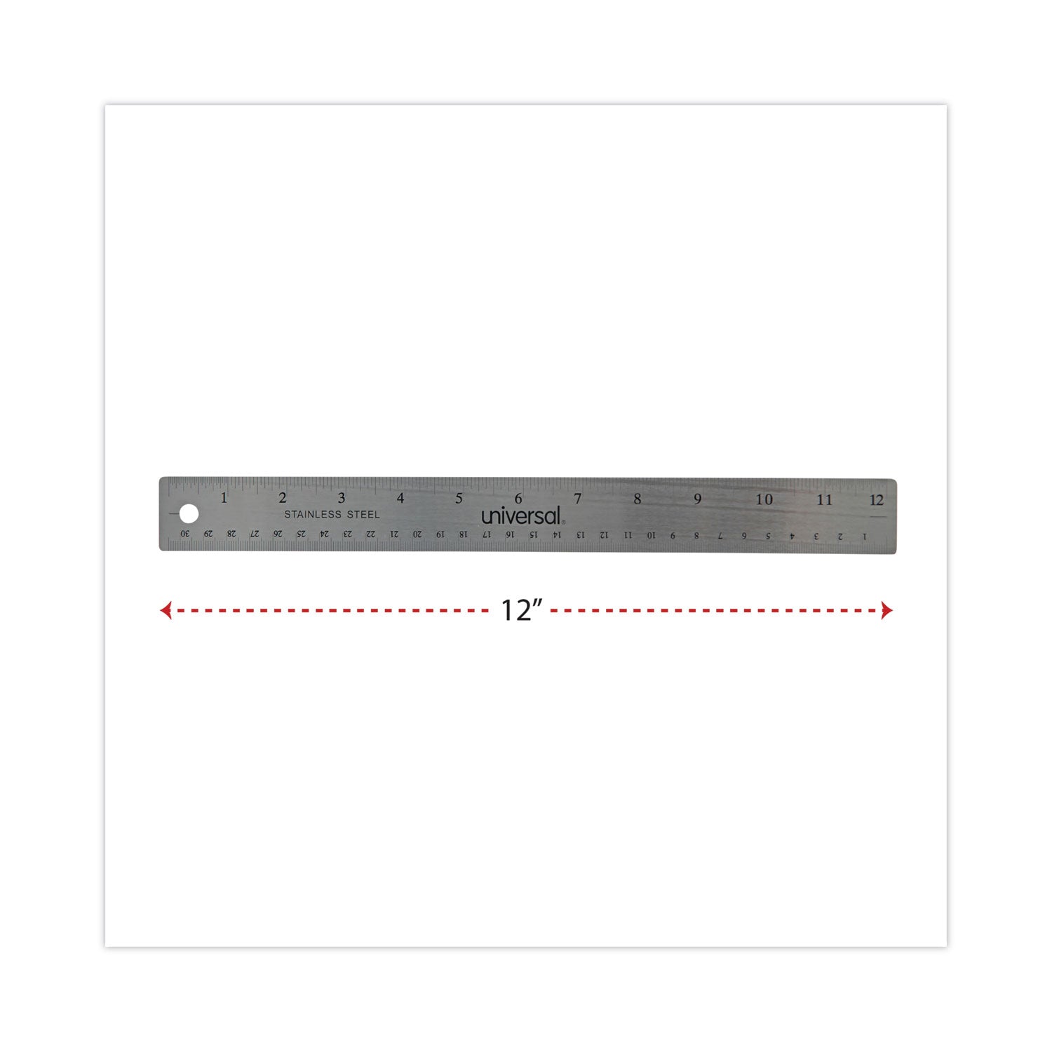 Universal Stainless Steel Ruler with Cork Back and Hanging Hole, Standard/Metric, 12" Long