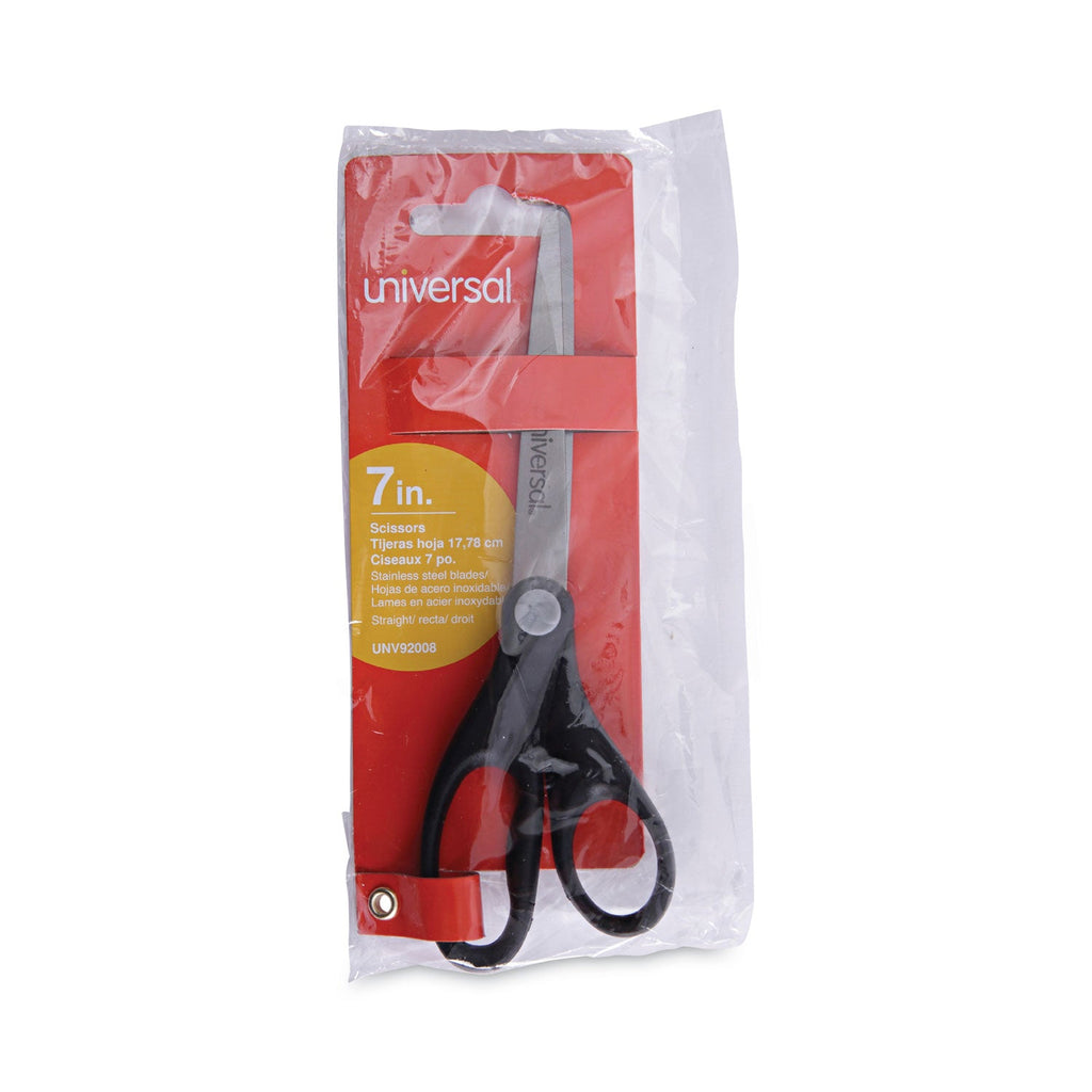 Universal Stainless Steel Office Scissors, Pointed Tip, 7" Long, 3" Cut Length, Black Straight Handle
