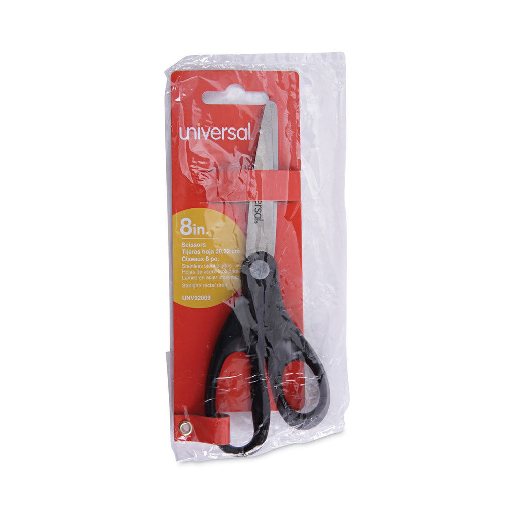 Universal Stainless Steel Office Scissors, 8" Long, 3.75" Cut Length, Black Straight Handle