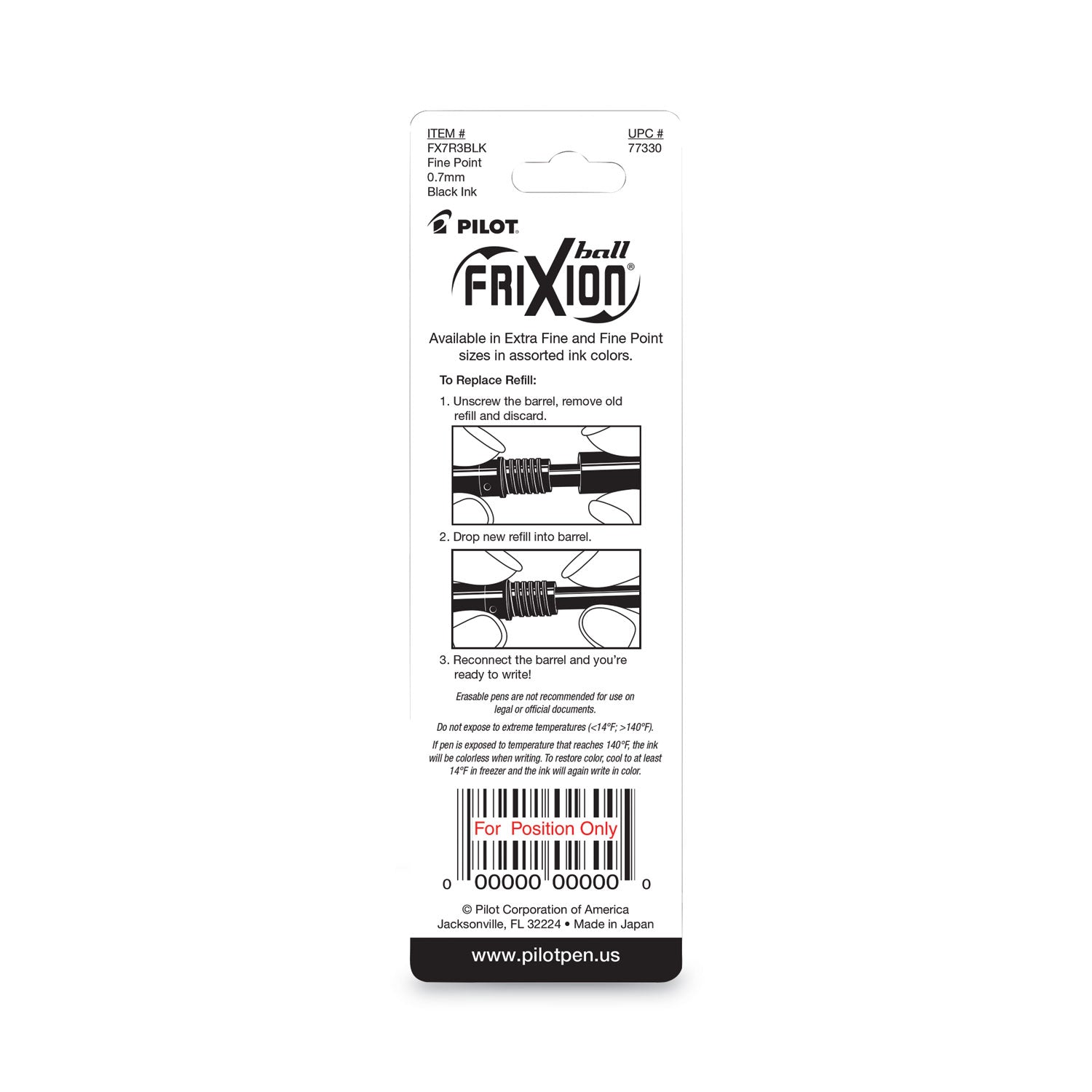 Pilot Refill for Pilot FriXion Erasable, FriXion Ball, FriXion Clicker and FriXion LX Gel Ink Pens, Fine Tip, Black Ink, 3/Pack
