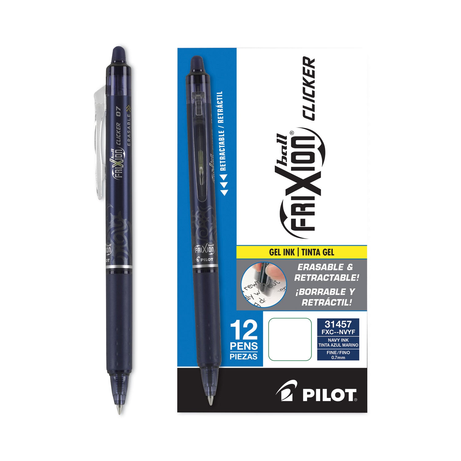 Pilot FriXion Clicker Erasable Gel Pen, Retractable, Fine 0.7 mm, Navy Ink, Navy Barrel