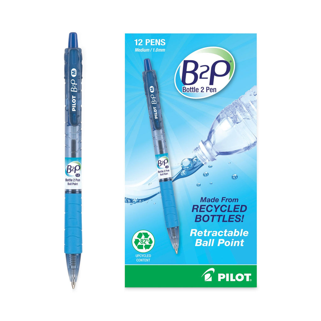 Pilot B2P Bottle-2-Pen Recycled Ballpoint Pen, Retractable, Medium 1 mm, Blue Ink, Translucent Blue Barrel, Dozen
