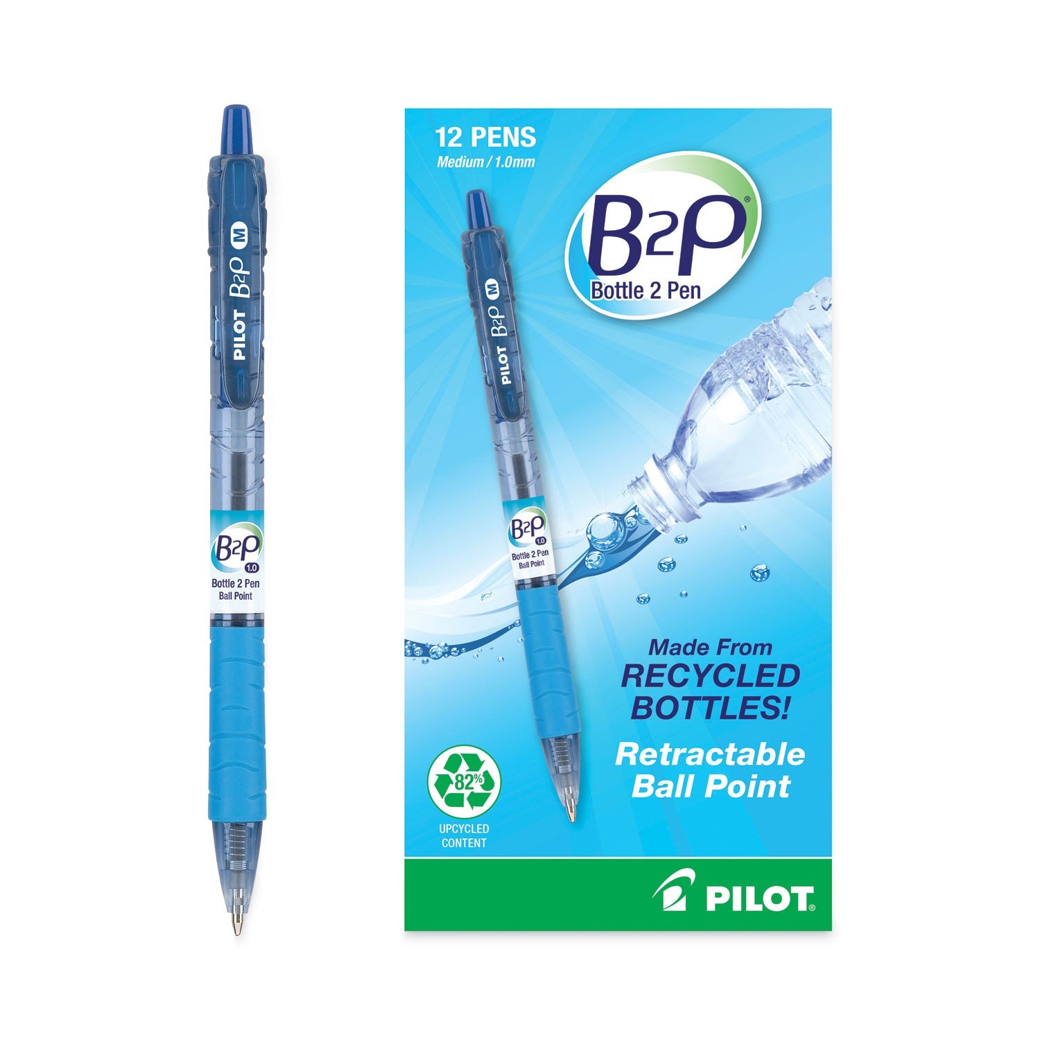 Pilot B2P Bottle-2-Pen Recycled Ballpoint Pen, Retractable, Medium 1 mm, Blue Ink, Translucent Blue Barrel, Dozen