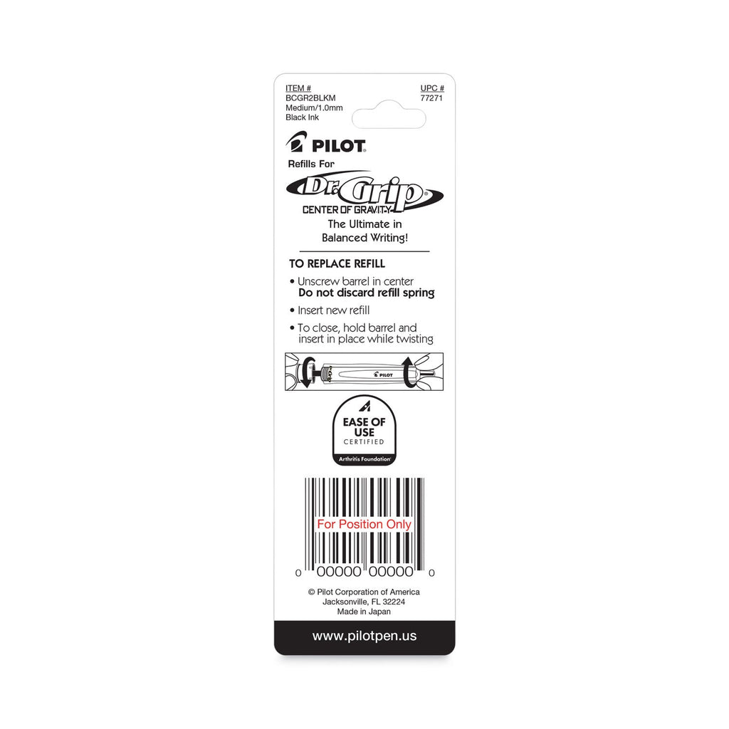 Pilot Refill for Pilot Dr. Grip Center of Gravity Ballpoint Pens, Medium Conical Tip, Black Ink, 2/Pack