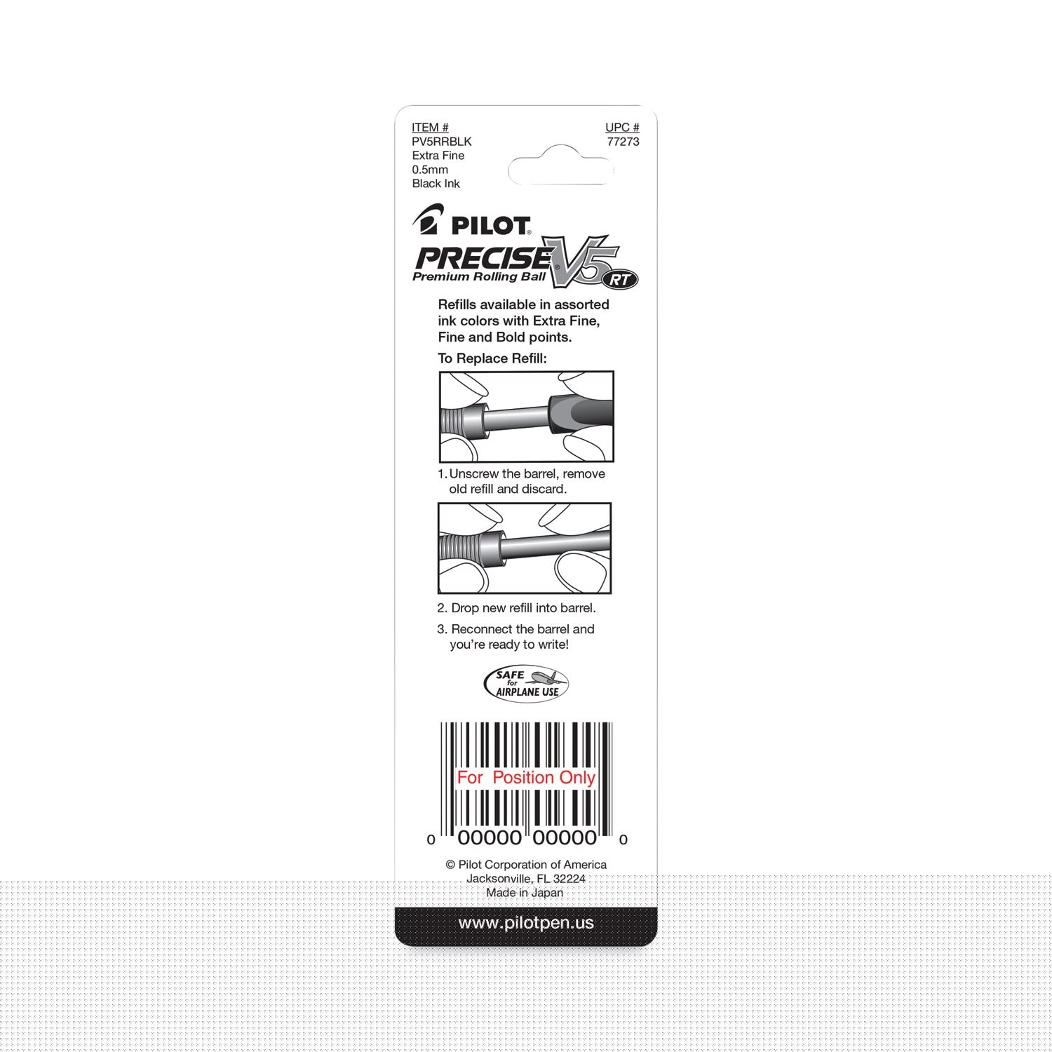 Pilot Refill for Pilot Precise V5 RT Rolling Ball, Extra-Fine Conical Tip, Black Ink, 2/Pack