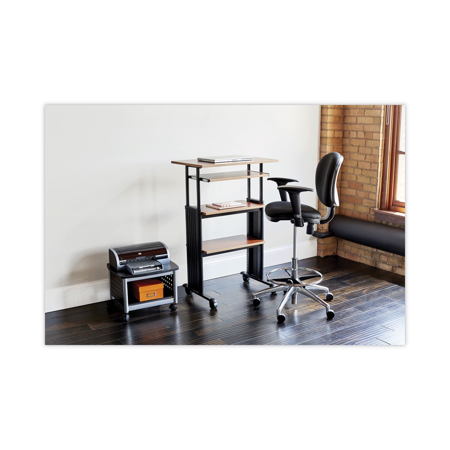 Safco Muv Stand-Up Adjustable-Height Desk, 29.5" x 22" x 35" to 49", Cherry/Black