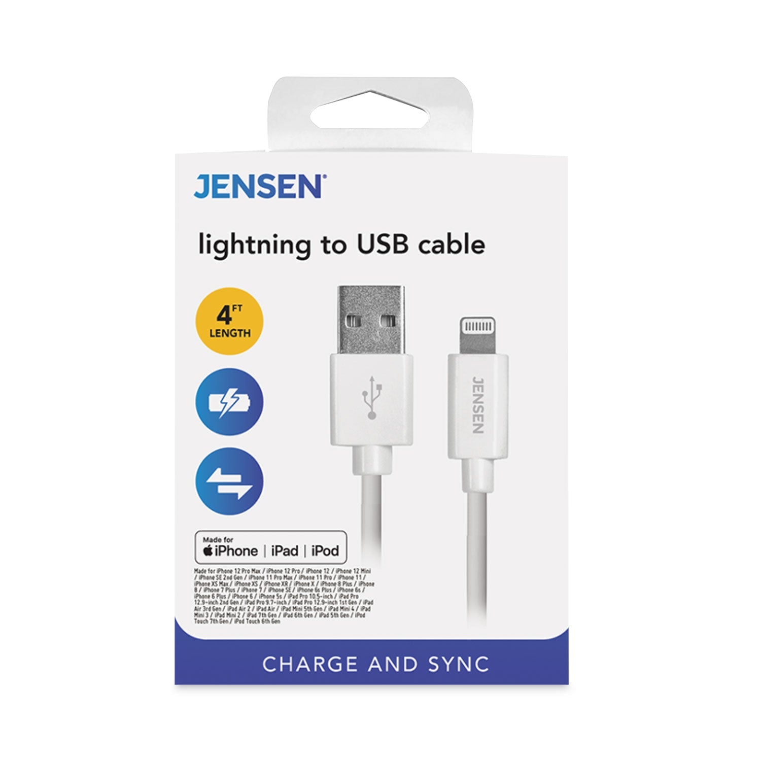 JENSEN Lightning to USB Cable, 4 ft, White