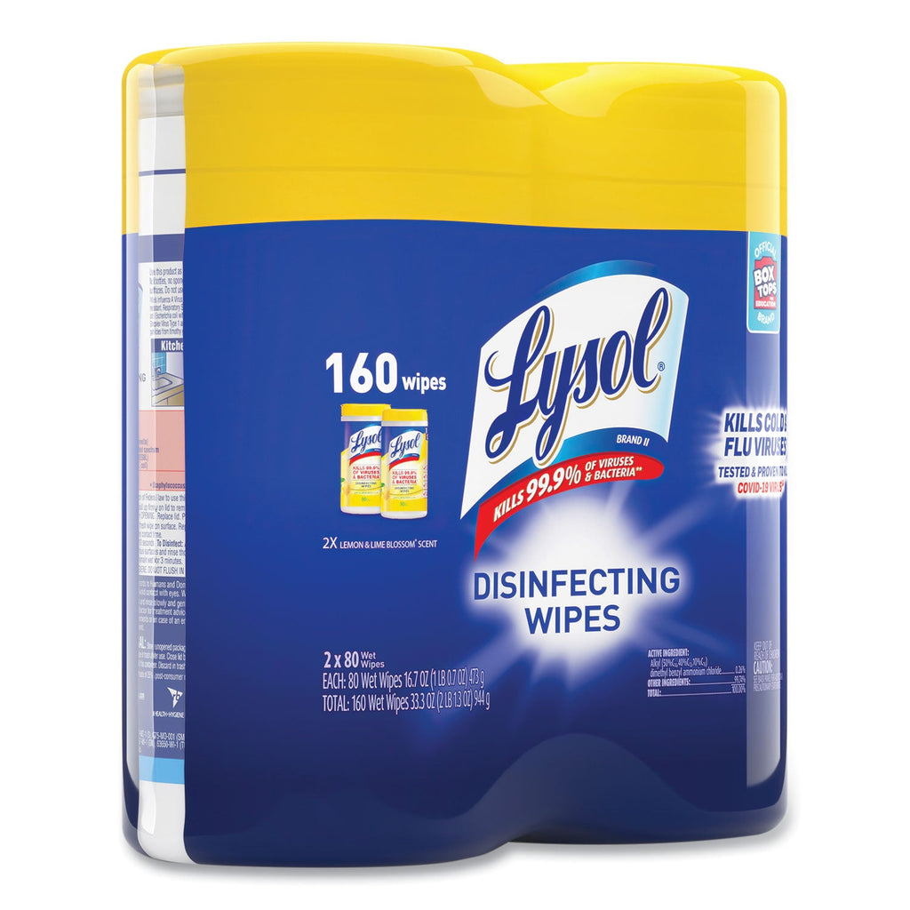 LYSOL Disinfecting Wipes, 7 x 7.25, Lemon and Lime Blossom, 80 Wipes/Canister, 2 Canisters/Pack