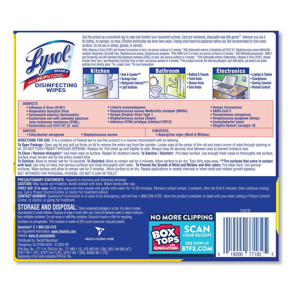 LYSOL Disinfecting Wipes, 7 x 7.25, Lemon and Lime Blossom, 80 Wipes/Canister, 6 Canisters/Carton