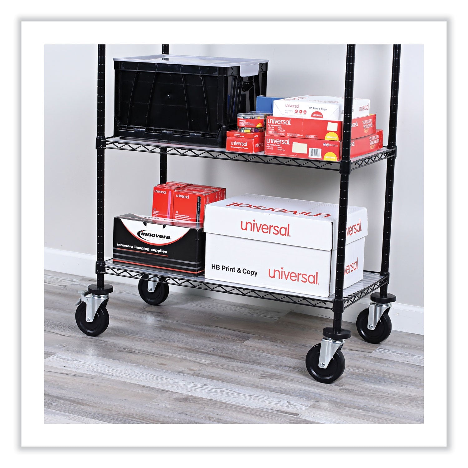 Alera Optional Casters for Wire Shelving, Hooded Design with Integrated Bumpers, Grip Ring Stem, 5" Wheel, Black, 4/Set (2 Locking)
