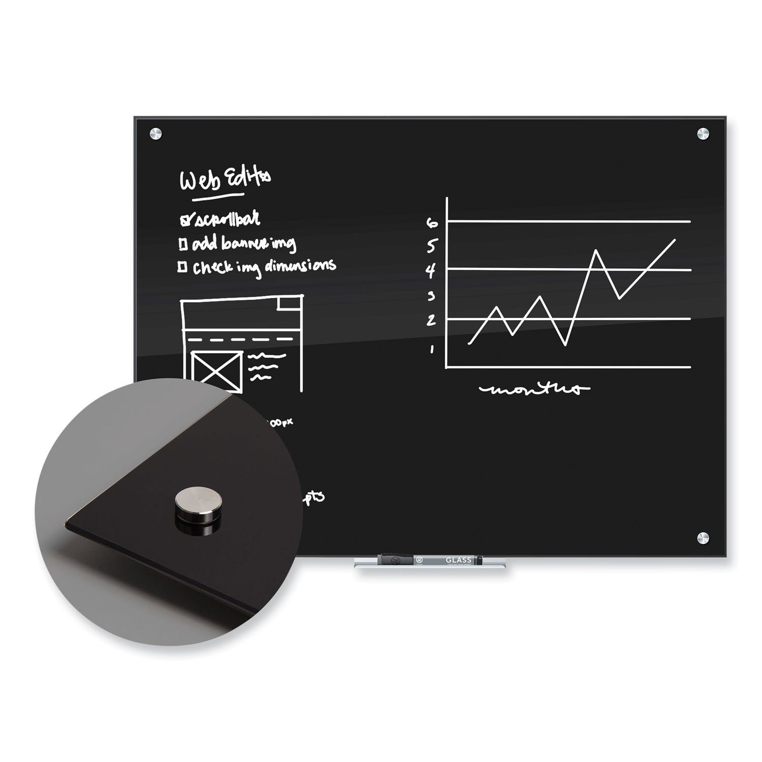U Brands Black Glass Dry Erase Board, 35 x 23