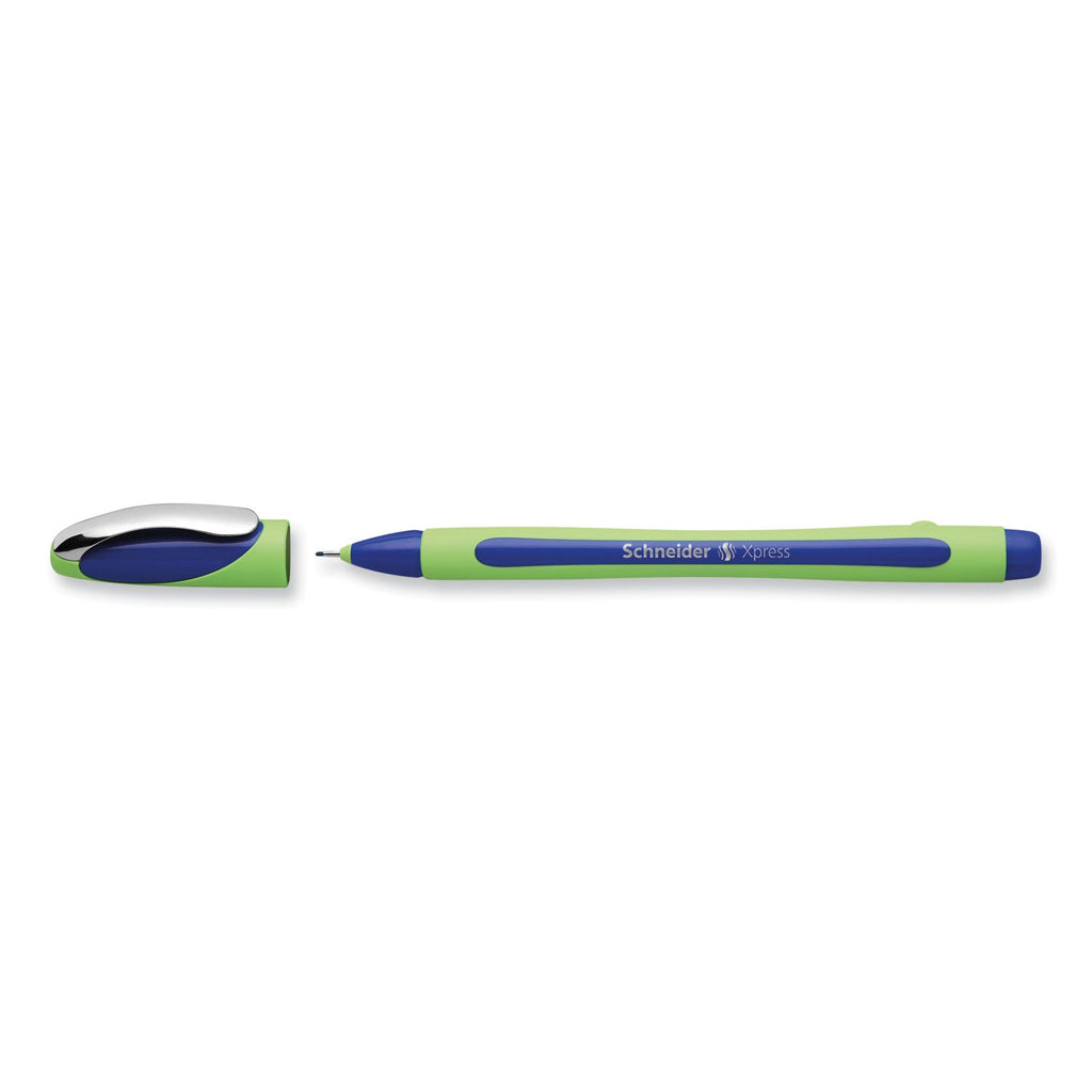 Schneider Xpress Fineliner Porous Point Pen, Stick, Medium 0.8 mm, Blue Ink, Blue/Green Barrel, 10/Box