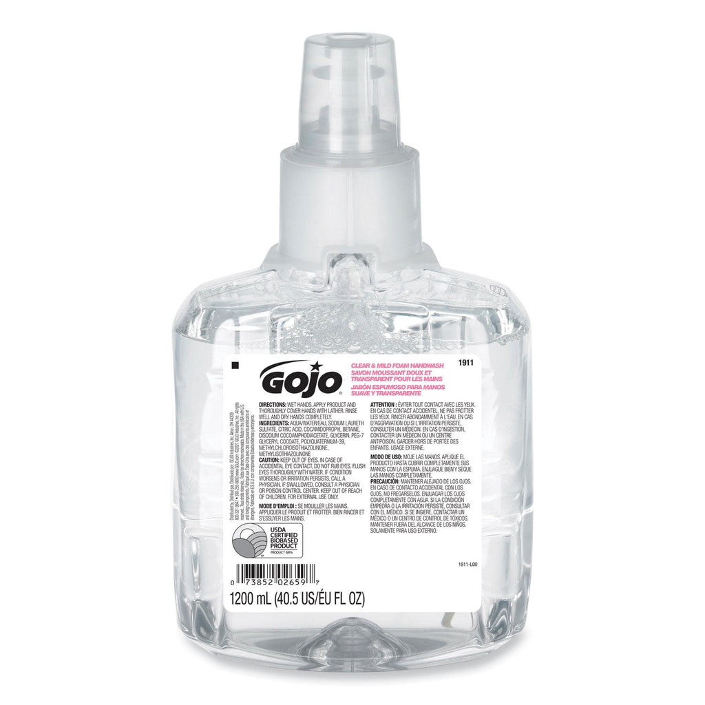 GOJO Clear and Mild Foam Handwash Refill, For GOJO LTX-12 Dispenser, Fragrance-Free, 1,200 mL Refill, 2/Carton