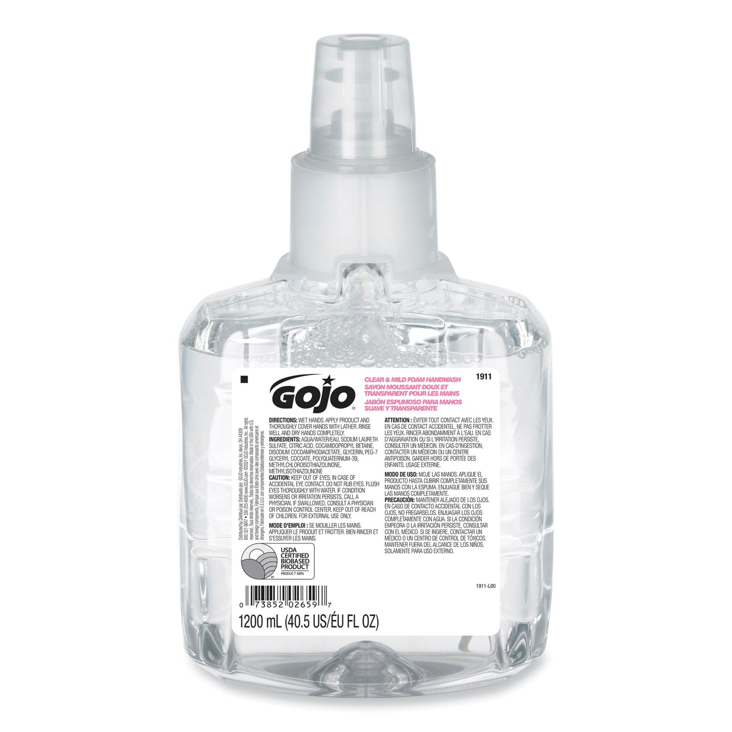 GOJO Clear and Mild Foam Handwash Refill, For GOJO LTX-12 Dispenser, Fragrance-Free, 1,200 mL Refill, 2/Carton