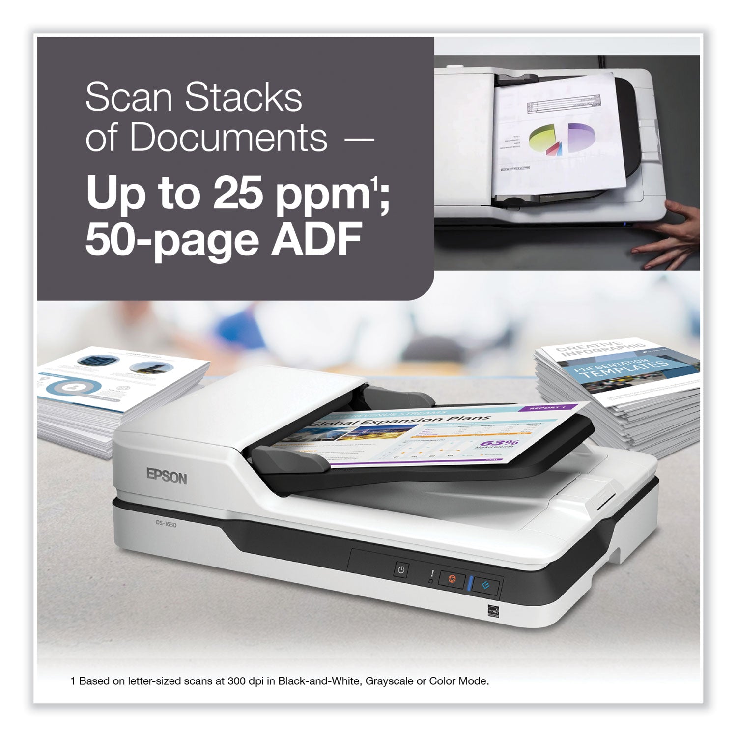 Epson WorkForce DS-1630 Flatbed Color Document Scanner, 1200 dpi Optical Resolution, 50-Sheet Duplex Auto Document Feeder