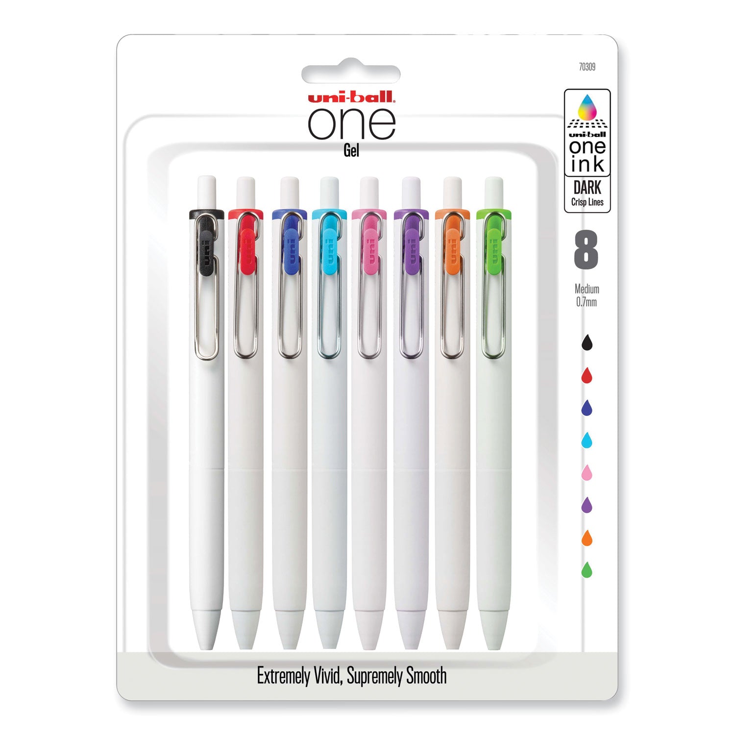 uniball uniONE Gel Pen, Retractable, Medium 0.7 mm, Inspirational Ink-Color Assortment, White Barrel, 8/Pack