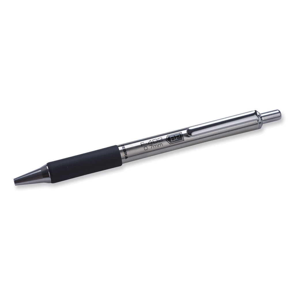 Zebra F-402 Ballpoint Pen, Retractable, Fine 0.7 mm, Black Ink, Stainless Steel/Black Barrel