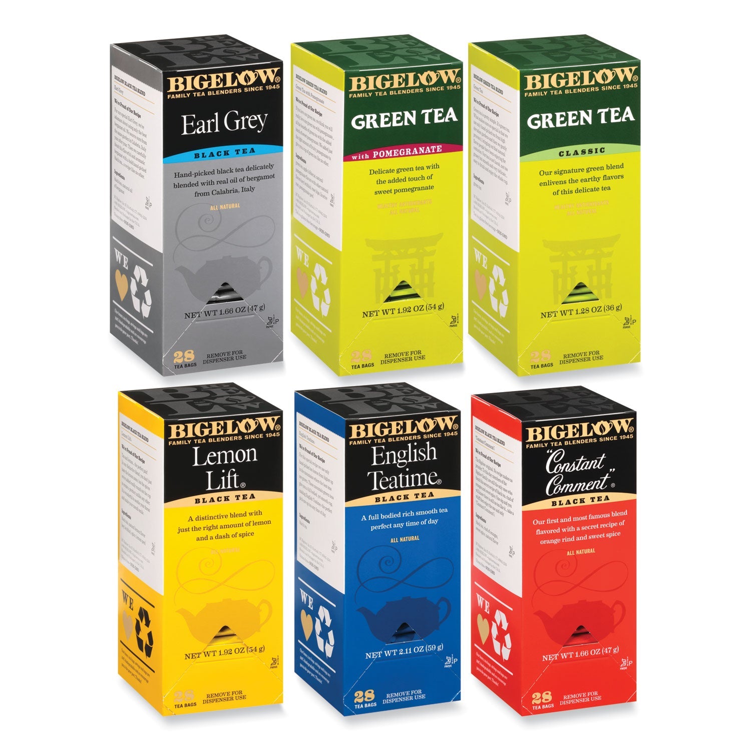 Bigelow Assorted Tea Packs, Six Flavors, 28/Box, 168/Carton