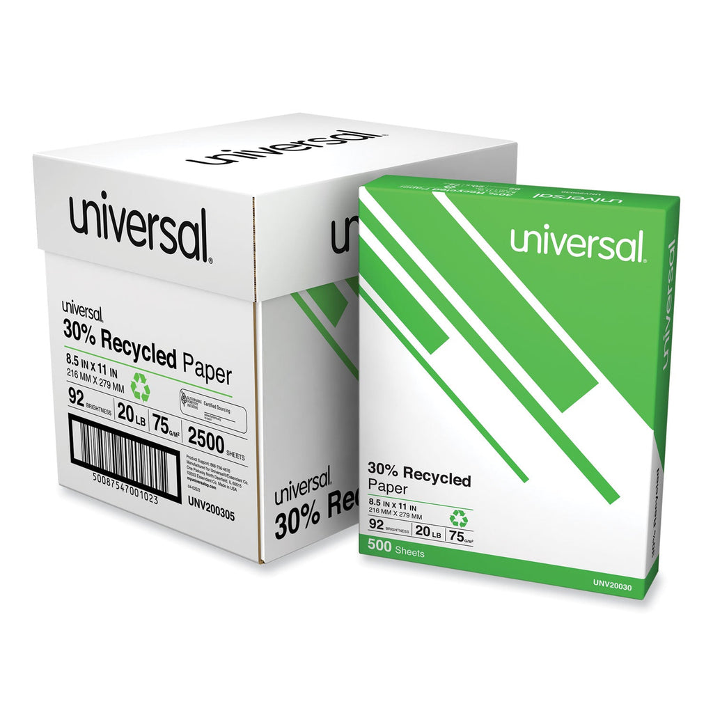 Universal 30% Recycled Copy Paper, 92 Bright, 20 lb Bond Weight, 8.5 x 11, White, 500 Sheets/Ream, 5 Reams/Carton