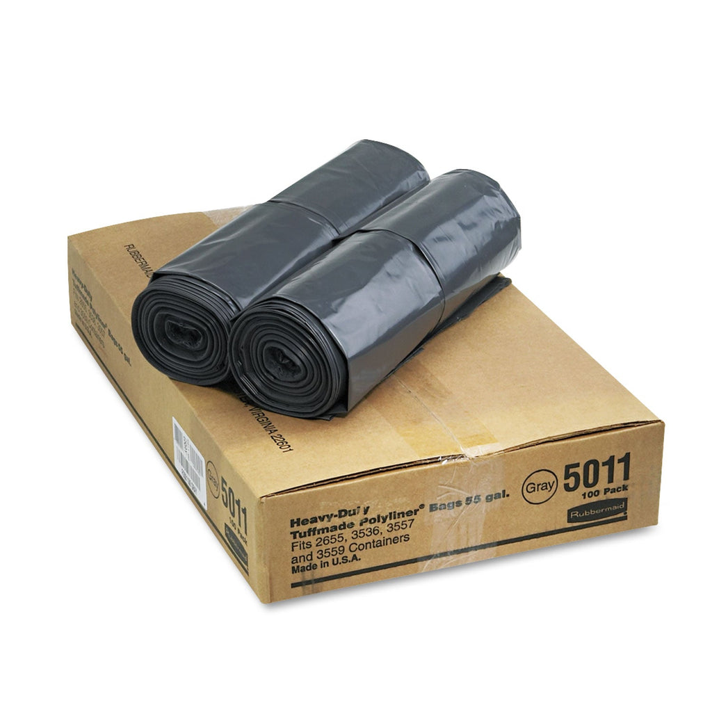 Rubbermaid Linear Low Density Can Liners, 55 gal, 1.3 mil, 39.5" x 48", Gray, 100/Carton