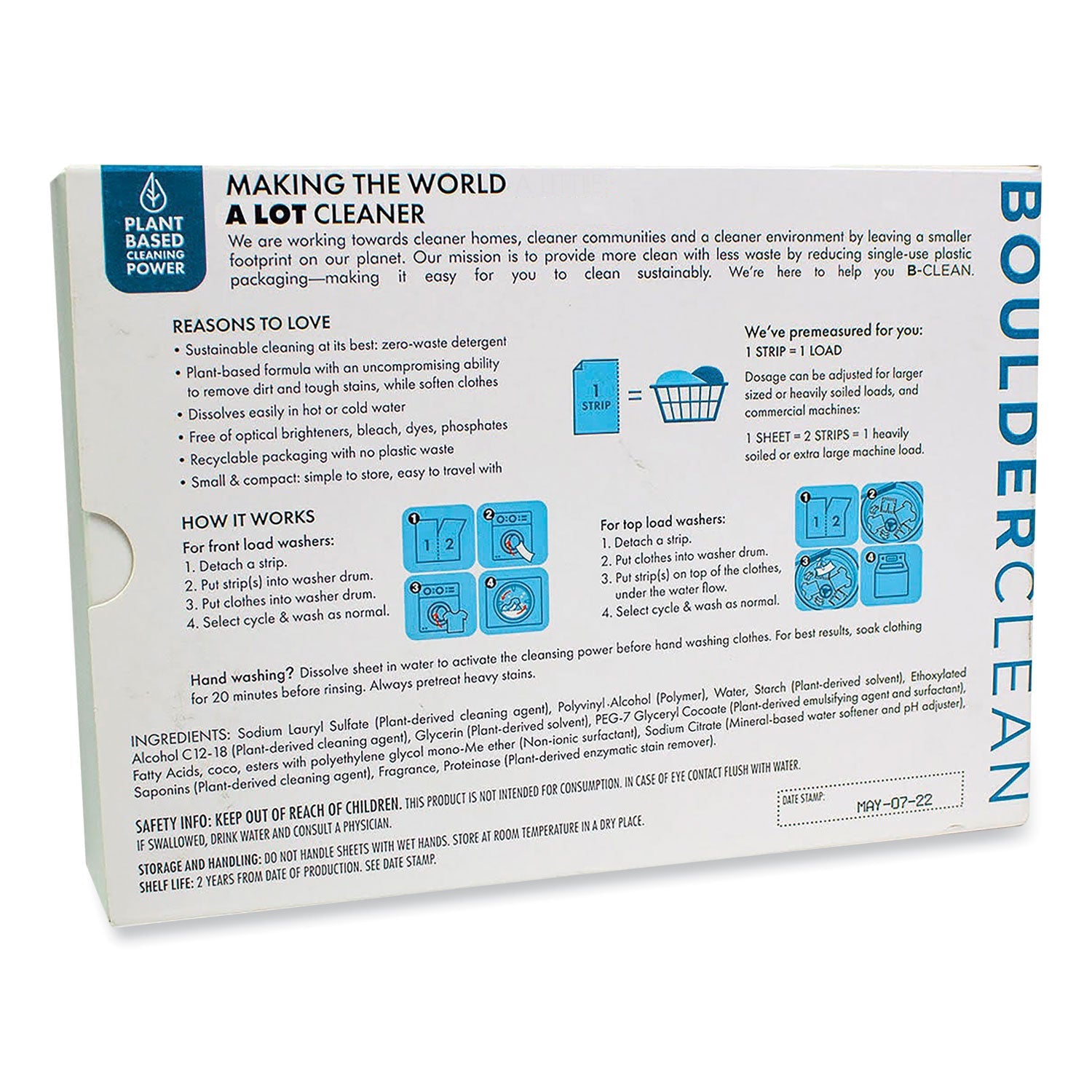 Boulder Clean Laundry Detergent Sheets, Clean Cotton, 40/Pack, 12 Packs/Carton