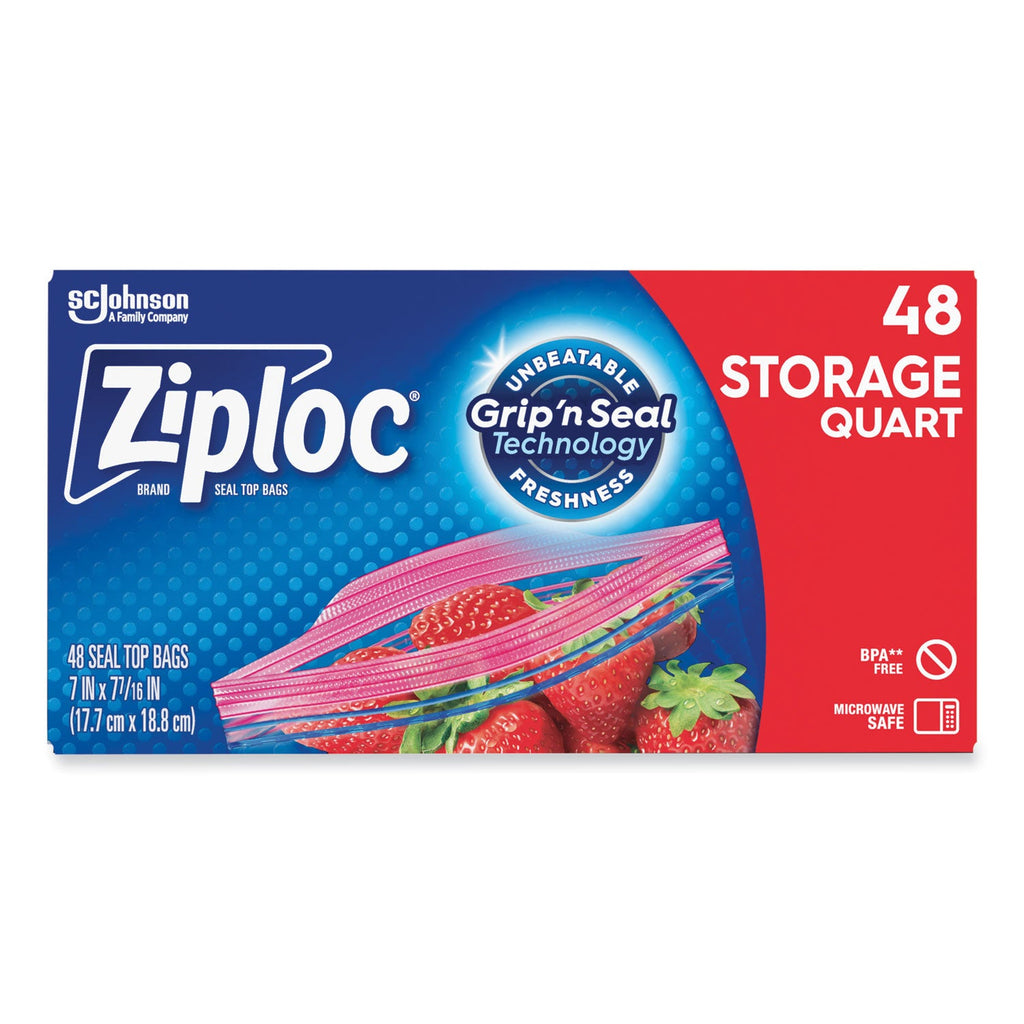 Ziploc Double Zipper Storage Bags, 1 qt, 1.75 mil, 9.63" x 8.5", Clear, 48/Box