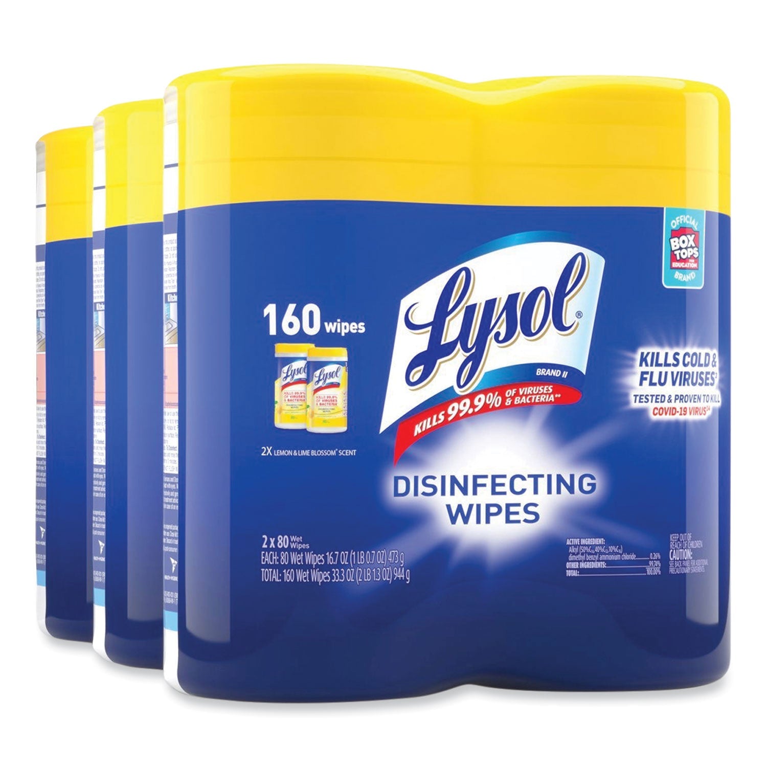 LYSOL Disinfecting Wipes, 7 x 7.25, Lemon and Lime Blossom, 80 Wipes/Canister, 2 Canisters/Pack