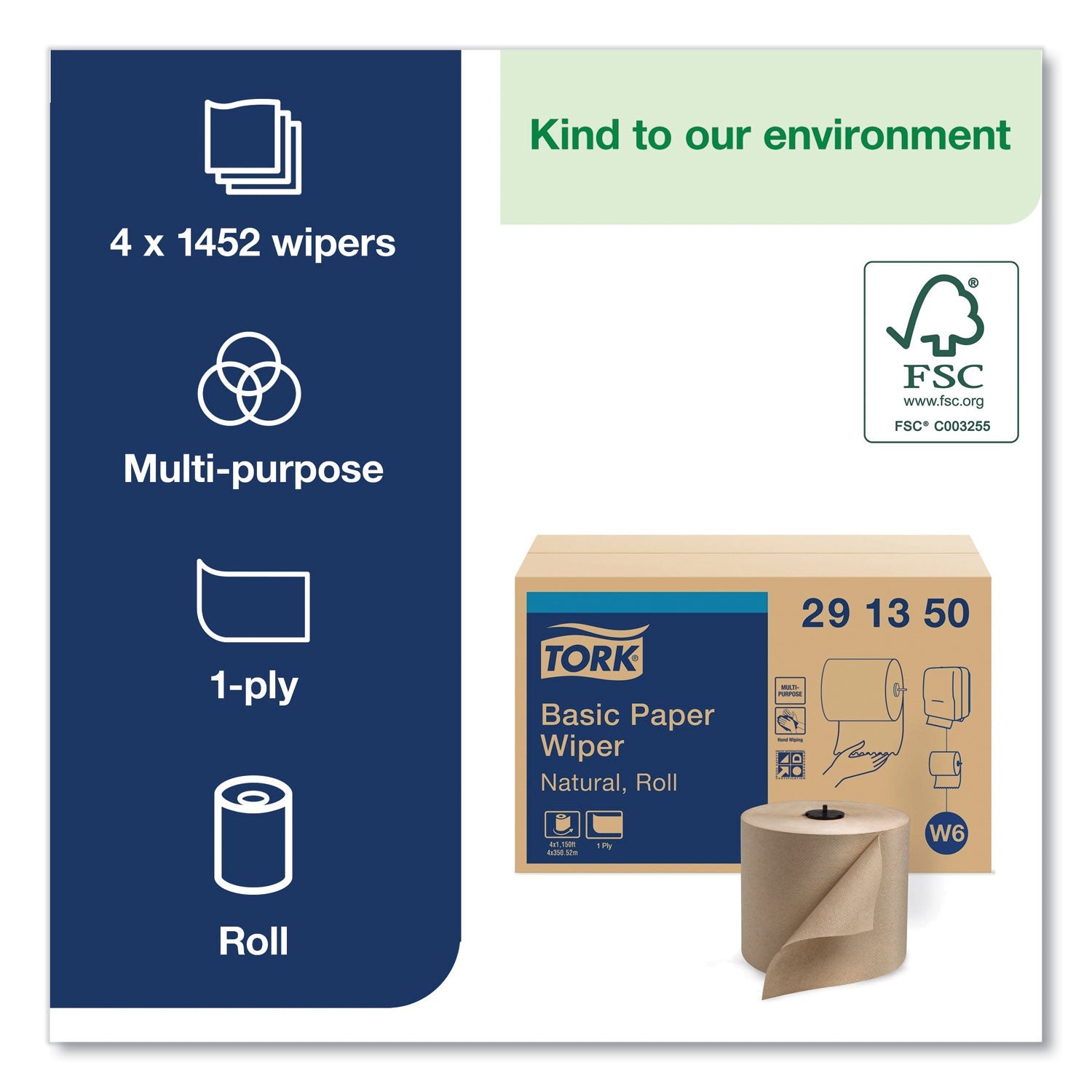 Tork Basic Paper Wiper Roll Towel, 7.68" x 1,150 ft, Natural, 4 Rolls/Carton