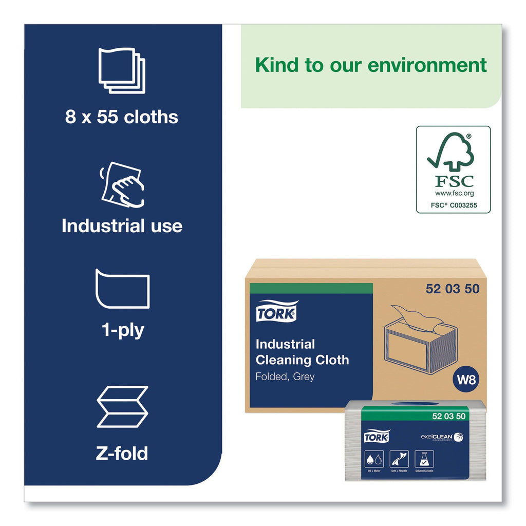Tork Industrial Cleaning Cloths, 1-Ply, 12.6 x 15.16, Gray, 55/Pack, 8 Packs/Carton