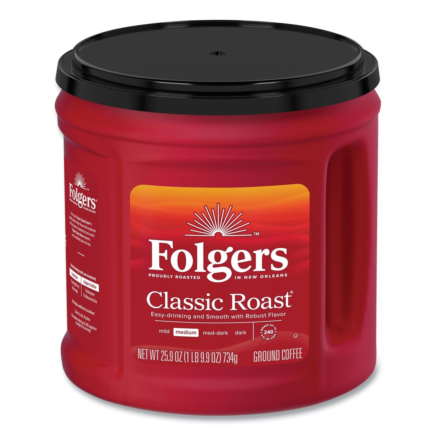 Folgers Coffee, Classic Roast, Ground, 25.9 oz Canister, 6/Carton