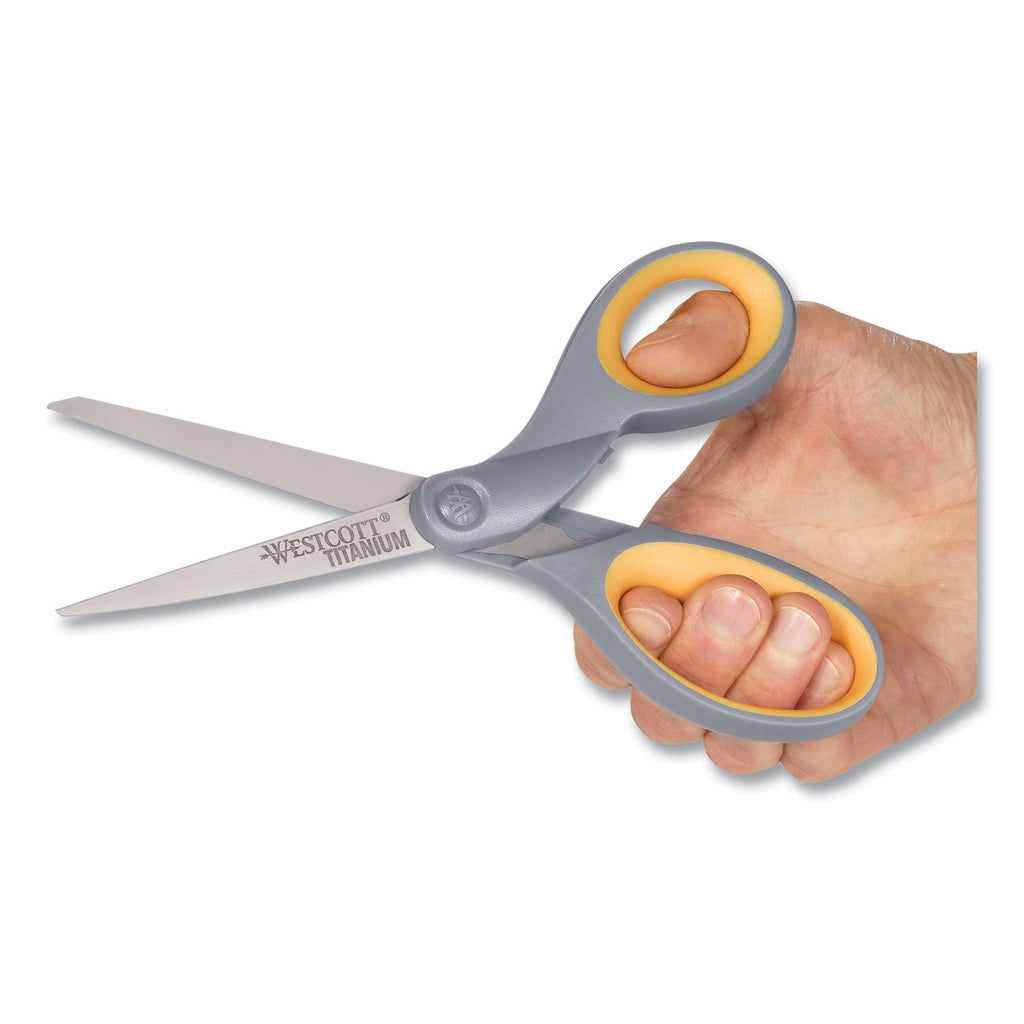 Westcott Titanium Bonded Scissors, 7" Long, 3" Cut Length, Gray/Yellow Straight Handle