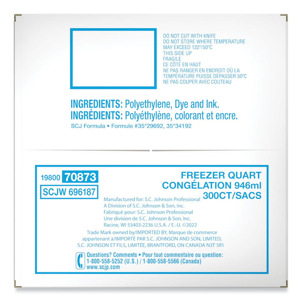 Ziploc Double Zipper Freezer Bags, 1 qt, 2.7 mil, 7" x 7.75", Clear, 300/Carton