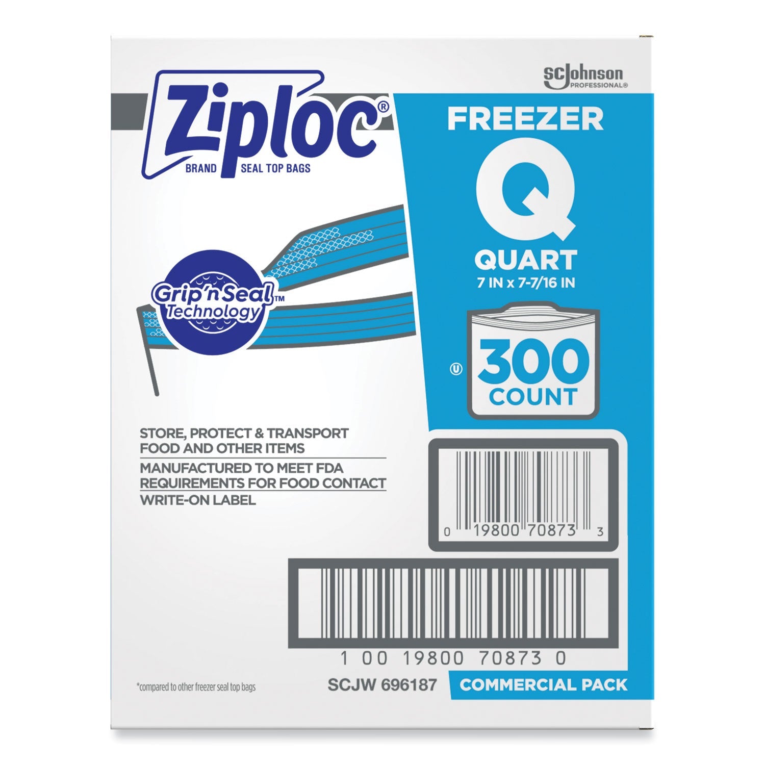 Ziploc Double Zipper Freezer Bags, 1 qt, 2.7 mil, 7" x 7.75", Clear, 300/Carton
