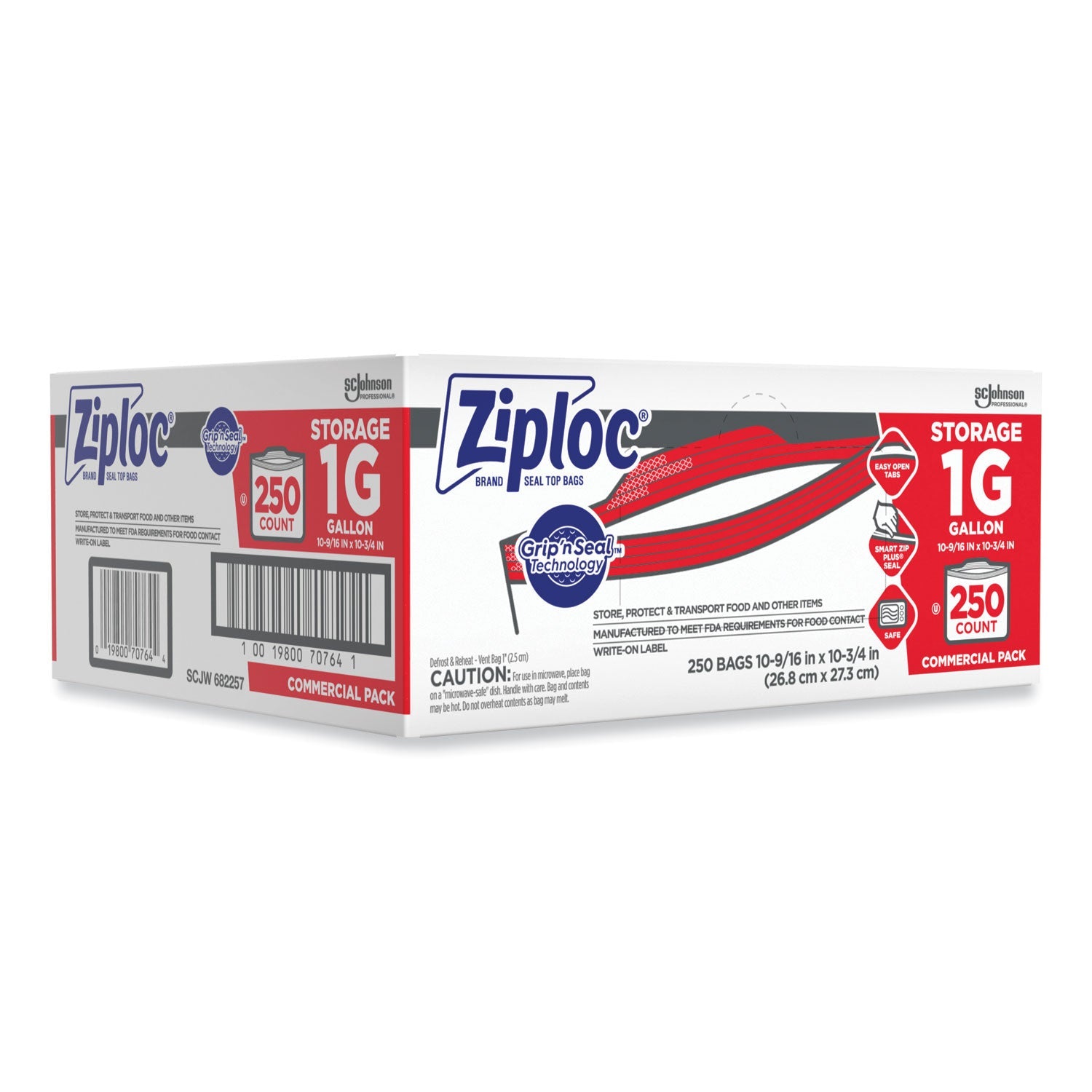 Ziploc Double Zipper Storage Bags, 1 gal, 1.75 mil, 10.56" x 10.75", Clear, 250/Box