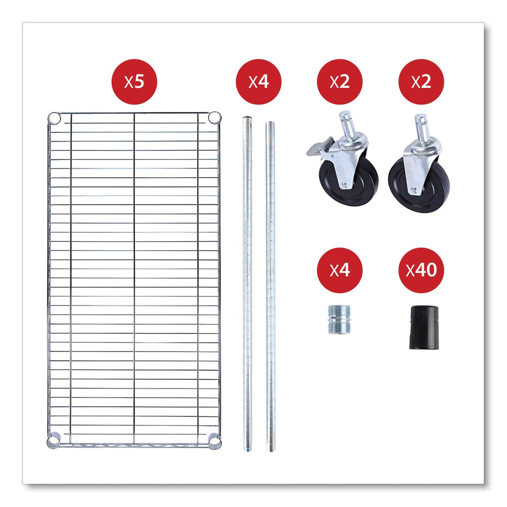 Alera 5-Shelf Wire Shelving Kit with Casters and Shelf Liners, 36w x 18d x 72h, Silver
