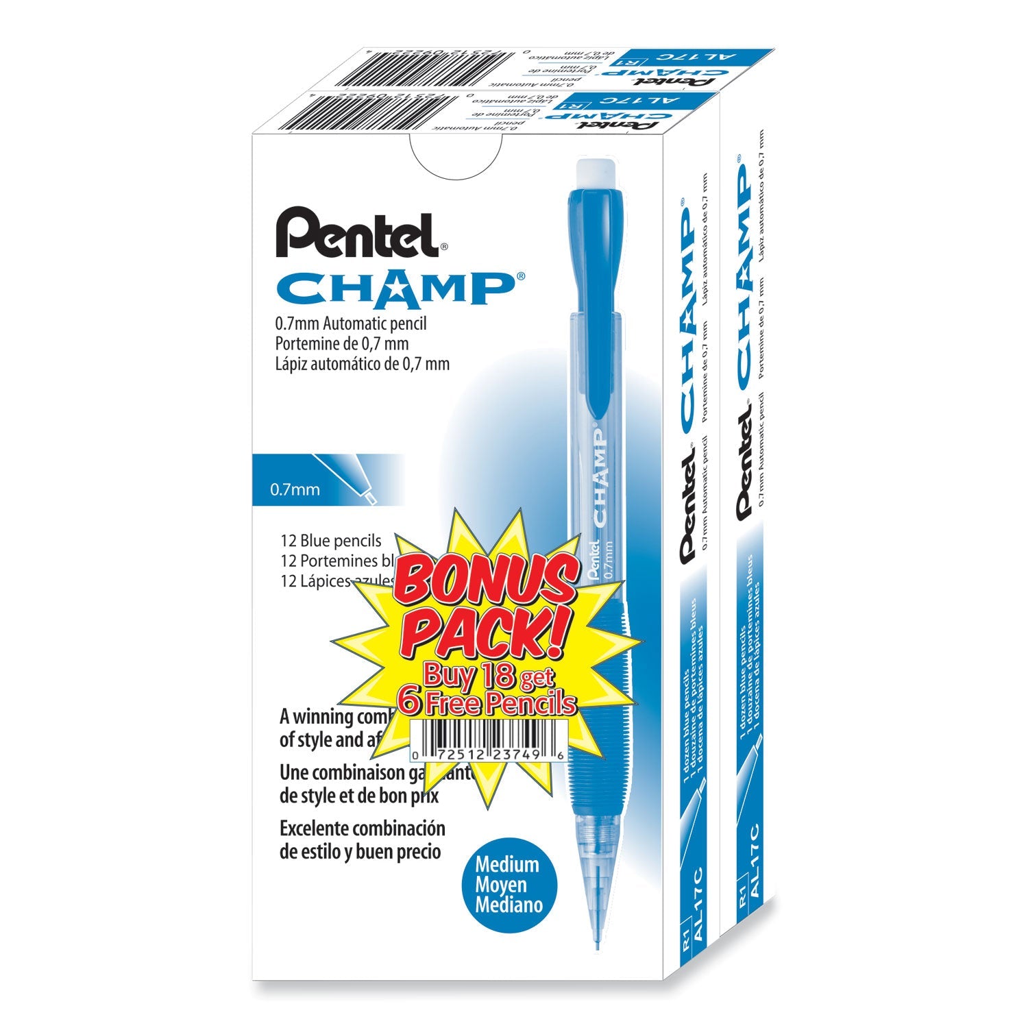 Pentel Champ Mechanical Pencil, 0.7 mm, HB (#2.5), Black Lead, Blue Barrel, 24/Pack