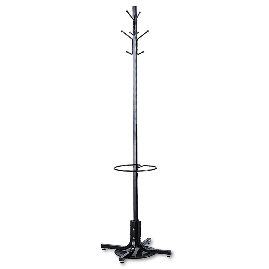 Safco Metal Costumer with Umbrella Holder, Four Ball-Tipped Double-Hooks, 21w x 21d x 70h, Black