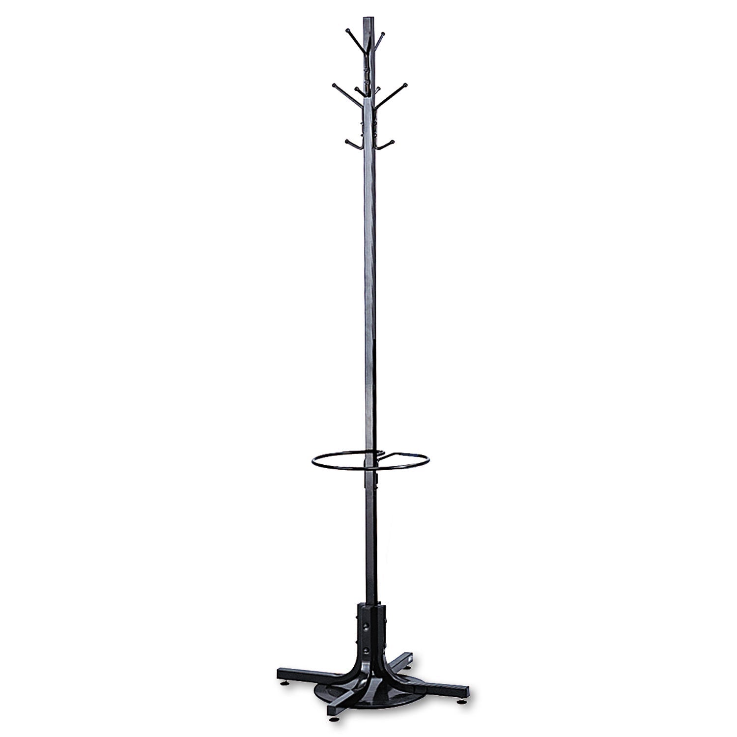 Safco Metal Costumer with Umbrella Holder, Four Ball-Tipped Double-Hooks, 21w x 21d x 70h, Black