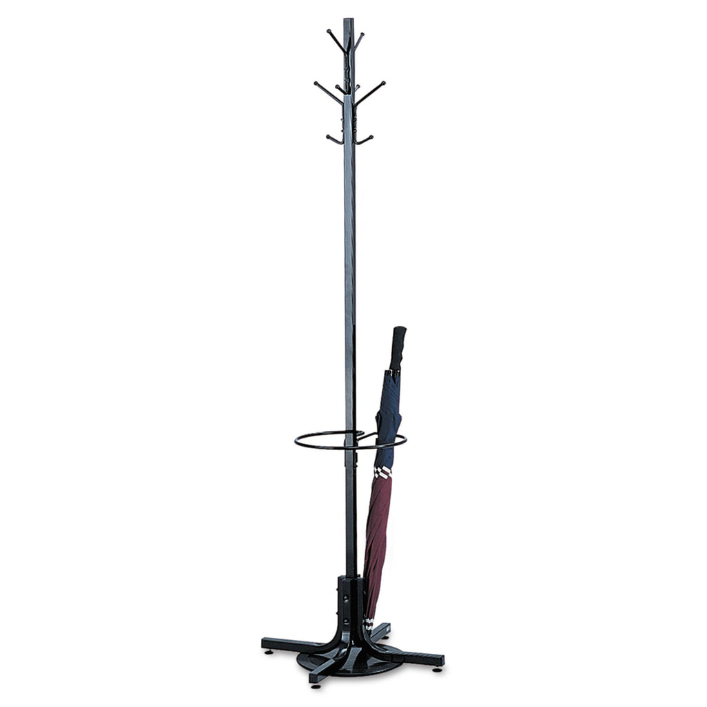 Safco Metal Costumer with Umbrella Holder, Four Ball-Tipped Double-Hooks, 21w x 21d x 70h, Black