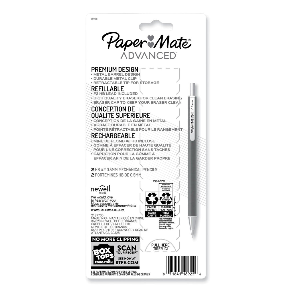 Paper Mate Advanced Mechanical Pencils, 0.5 mm, HB (#2), Black Lead, Black; Gray Barrel, 2/Pack