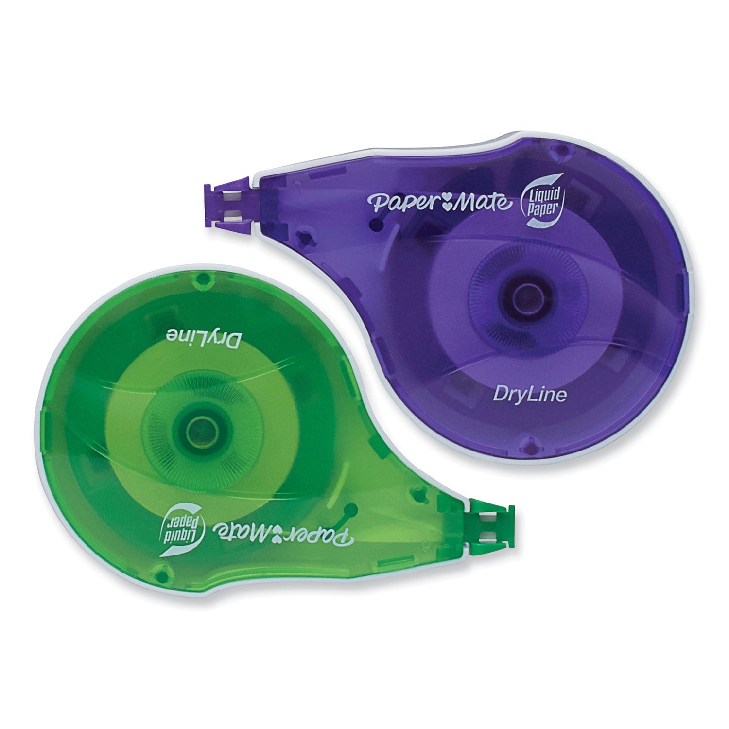 Paper Mate DryLine Correction Tape, Non-Refillable, Green/Purple Applicators, 0.17" x 472", 2/Pack