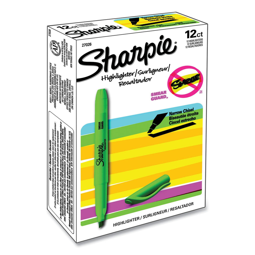 Sharpie Pocket Style Highlighters, Fluorescent Green Ink, Chisel Tip, Green Barrel, Dozen