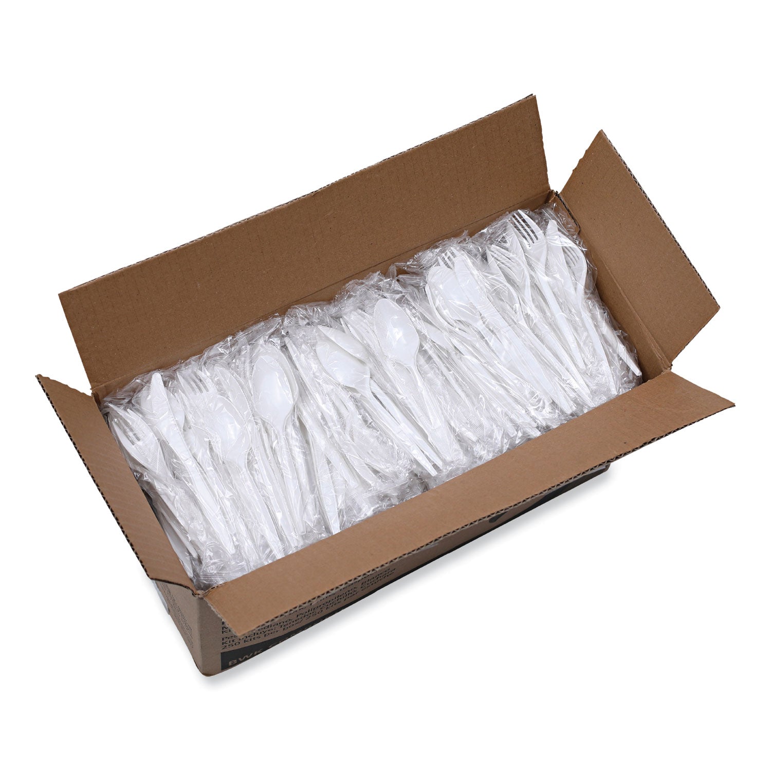 Boardwalk Three-Piece Cutlery Kit, Fork/Knife/Teaspoon, Polypropylene, White, 250/Carton