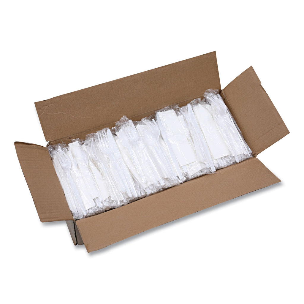 Boardwalk Four-Piece Cutlery Kit, Fork/Knife/Napkin/Teaspoon, Heavyweight, White, 250/Carton