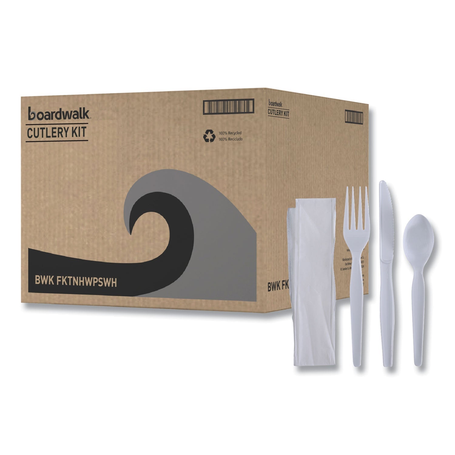 Boardwalk Four-Piece Cutlery Kit, Fork/Knife/Napkin/Teaspoon, Heavyweight, White, 250/Carton