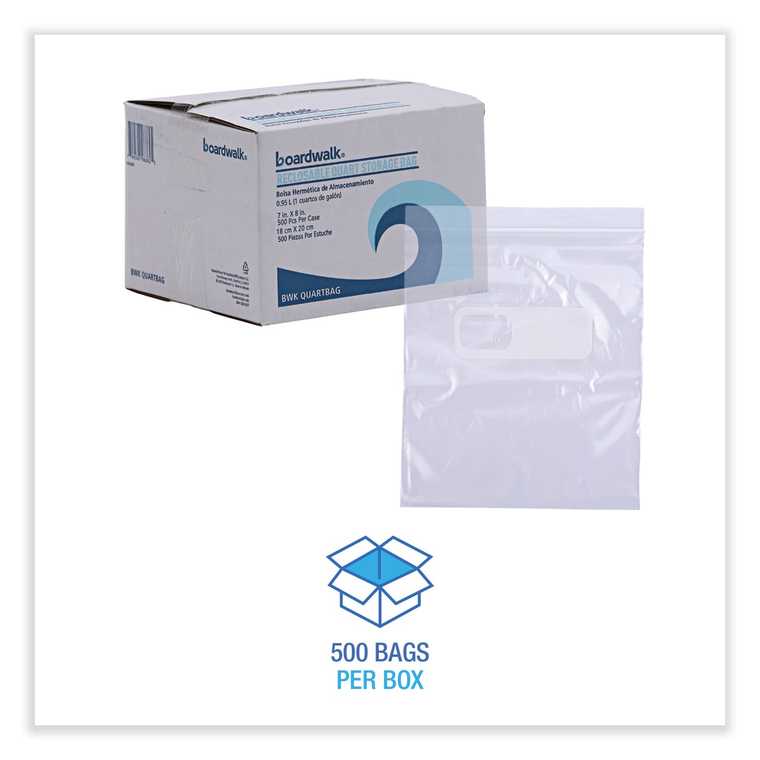 Boardwalk Reclosable Food Storage Bags, 1 qt, 1.75 mil, 7" x 8", Clear, 500/Box
