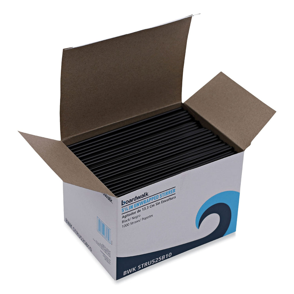 Boardwalk Single-Tube Stir-Straws, 5.25", Polypropylene, Black, 1,000/Pack, 10 Packs/Carton