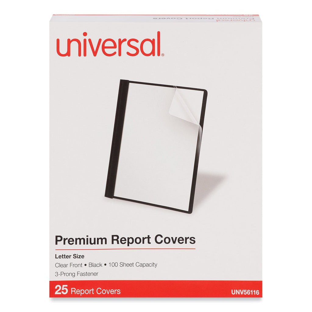 Universal Clear Front Report Cover with Fasteners, Three-Prong Fastener, 0.5" Capacity, 8.5 x 11, Clear/Black, 25/Box